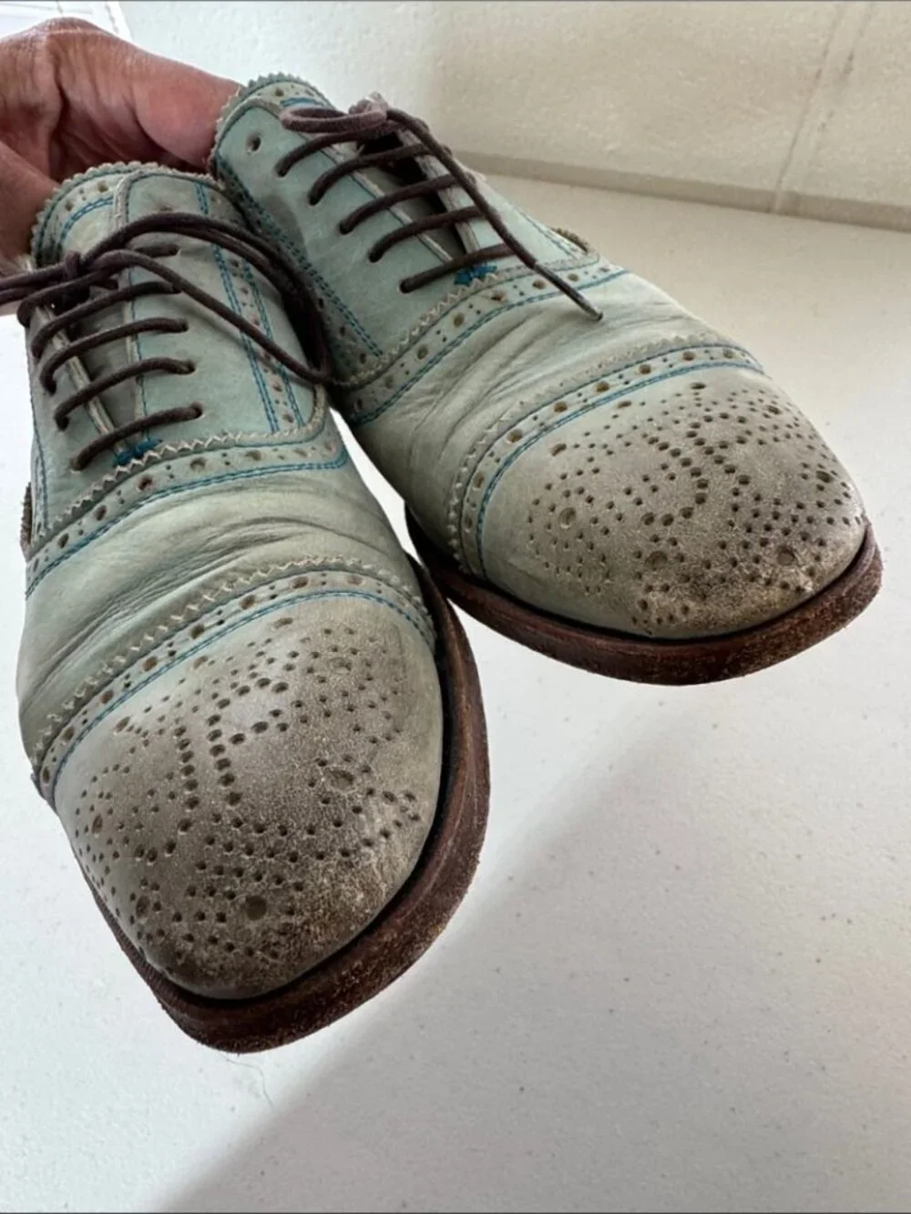 John Fluevog Gateway Oxfords Mint Blue Leather Brogue Shoes Sz M 4.5 Art Chic